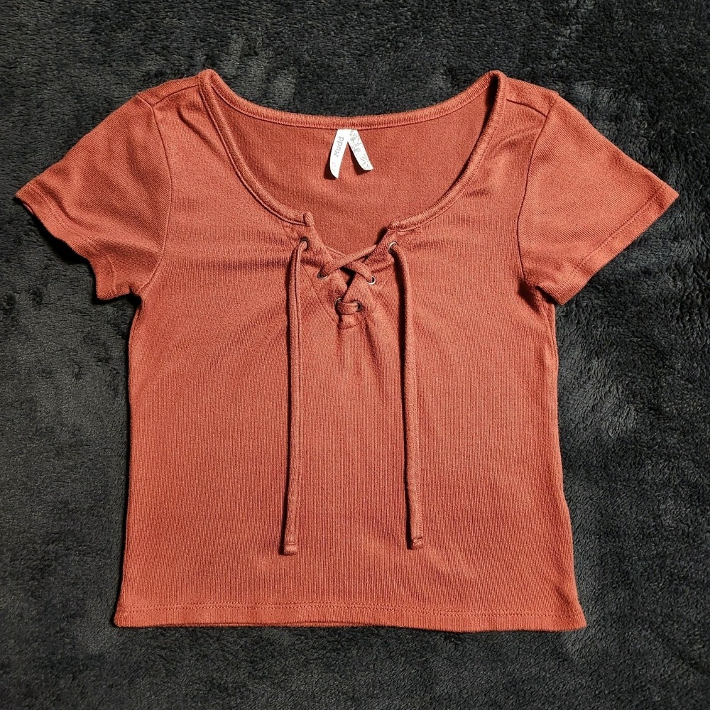 Mudd Dark Orange Pumpkin Tie Front Short Sleeve Crop Top Size XS